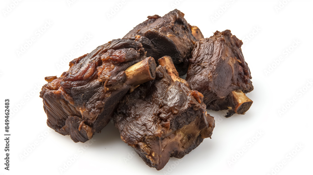 Close-up of a pile of cooked beef ribs, showcasing the texture and richness of the meat on a white background. Close-up of a pile of cooked beef ribs, showcasing the texture and richness of the meat on a white background.