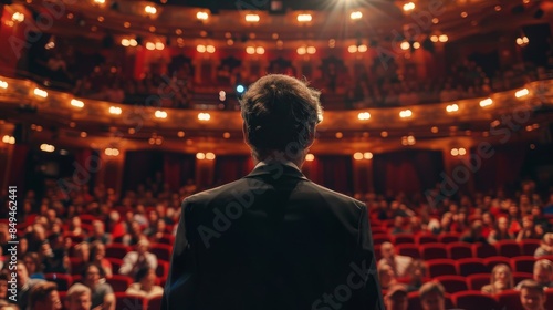 Back view of a businessman presenting to a large audience in an elegant theater, capturing the essence of public speaking and audience interaction