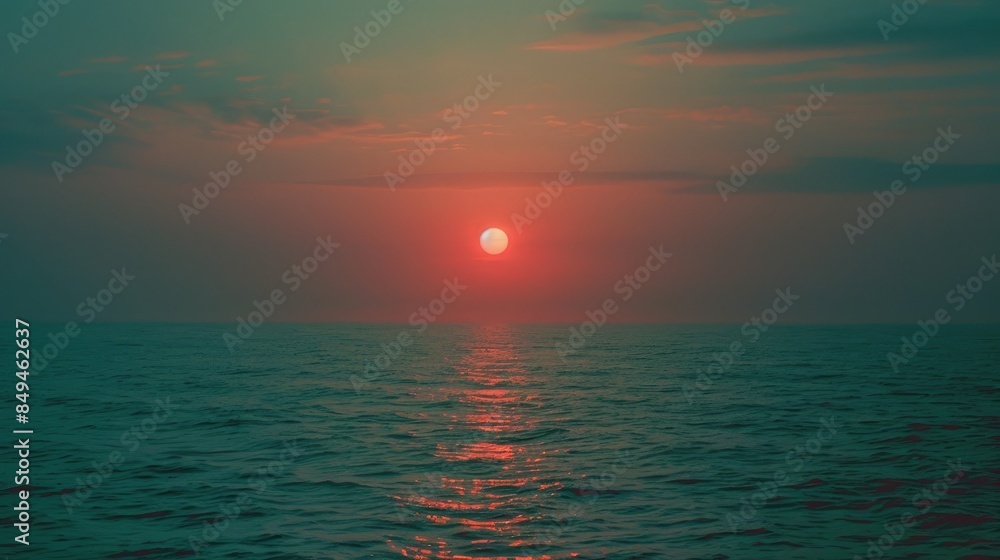 A realistic photograph of the beautiful red sunset over the blue sea on the twilight time A realistic photograph of the beautiful red sunset over the blue sea on the twilight time