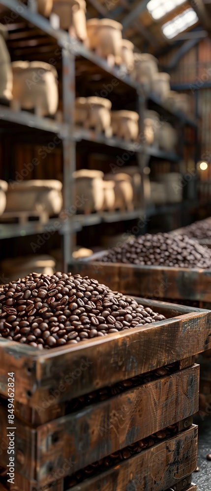 Detailed view of coffee beans heaped in wooden crates in a large warehouse, focus on the texture and deep brown color of the beans, rustic crates arranged neatly on metal shelves, industrial setting w Detailed view of coffee beans heaped in wooden crates in a large warehouse, focus on the texture and deep brown color of the beans, rustic crates arranged neatly on metal shelves, industrial setting w