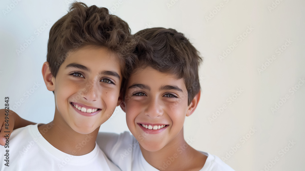 Two smiling boys with tanned skin and dark hair, standing close together with their arms around each other, against a light background. Two smiling boys with tanned skin and dark hair, standing close together with their arms around each other, against a light background.