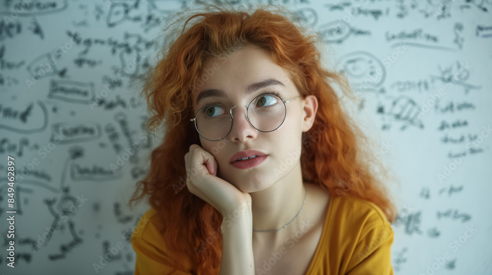 Red-haired young woman with glasses, in a thoughtful pose against a background covered with handwritten notes and doodles. Red-haired young woman with glasses, in a thoughtful pose against a background covered with handwritten notes and doodles.