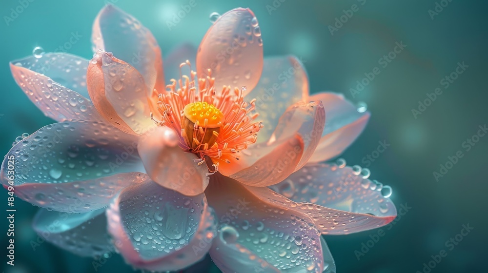 Brightly colored flower with dew, showing detailed petals and a glowing center, against a subtle teal background Brightly colored flower with dew, showing detailed petals and a glowing center, against a subtle teal background