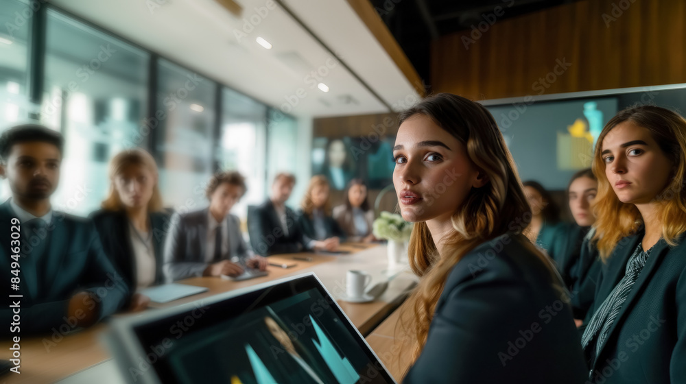 Fototapeta premium Business meeting with a diverse team discussing a project in a modern office with a video conference in the background