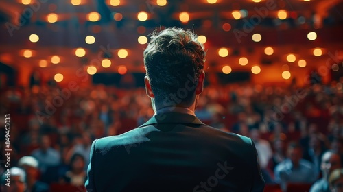 Businessman delivering a powerful speech in a crowded theater, viewed from behind, capturing the atmosphere of influence and public speaking