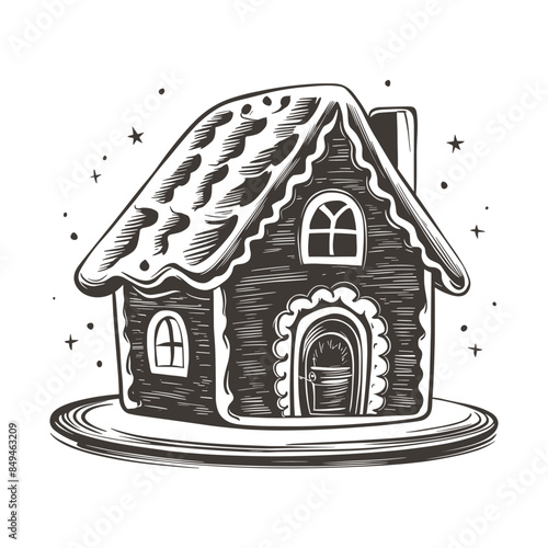 Gingerbread house vector pencil ink sketch drawing, black and white, monochrome engraving style