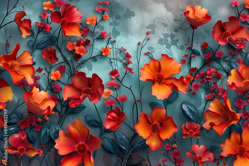 Vibrant red and orange flowers in a whimsical design for 3D wallpaper photo mural © Johnny since  