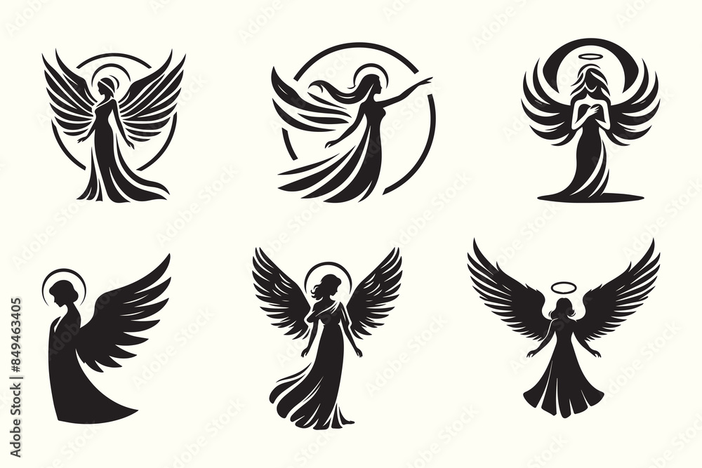 Fototapeta premium Set of Black and White Angel silhouettes vector illustration. logo designs