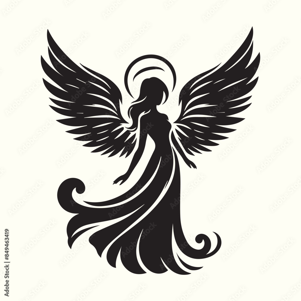 Fototapeta premium Black and White Angel silhouette vector illustration.