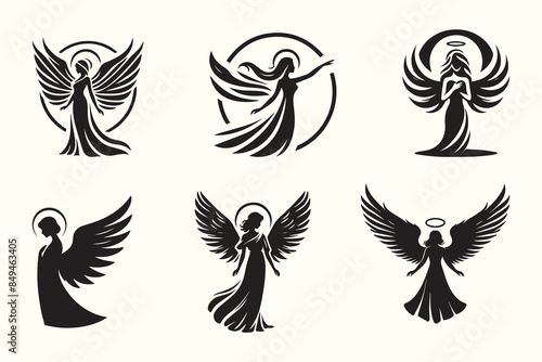 Set of Black and White Angel silhouettes vector illustration. logo designs