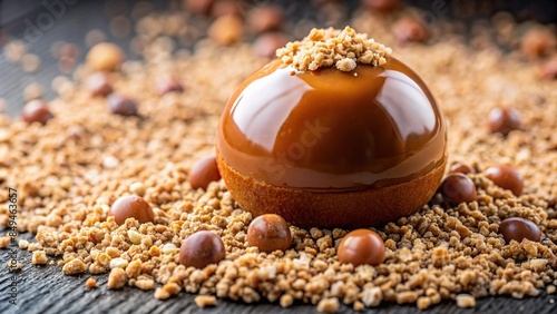 Macro shot of a chocolate sphere filled with salted caramel mousse on a bed of crushed hazelnuts, chocolate, sphere photo