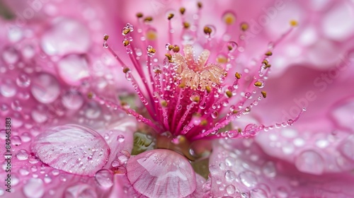 Close-up of a dew-covered pink flower, focusing on delicate petals and vibrant pollen-laden stamens, with a bright, contrasting center, photo-realistic photo