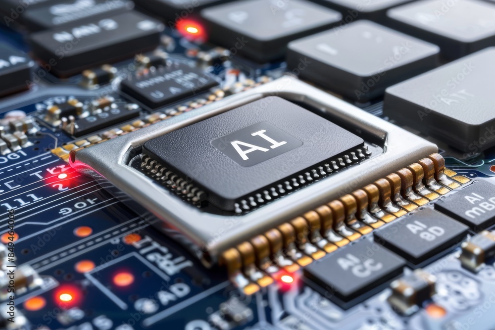 Close up of AI microchip in electronic workshop, detailing the precision engineering in modern computing. Close up of AI microchip in electronic workshop, detailing the precision engineering in modern computing.