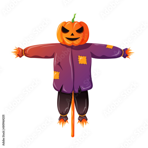 Scarecrow character with pumpkin head in cartoon. Scarecrow for halloween and scare away birds from the harvest. Vector illustration isolated on a white background.