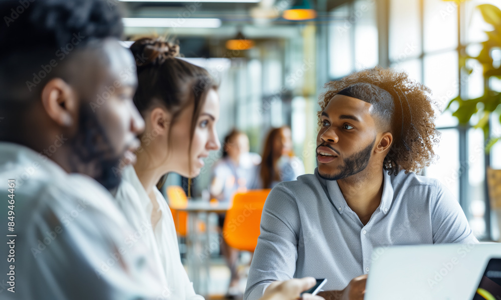 A diverse group of young professionals engaged in a lively discussion around a table in a modern, open-plan office setting with large windows and bright orange chairs A diverse group of young professionals engaged in a lively discussion around a table in a modern, open-plan office setting with large windows and bright orange chairs