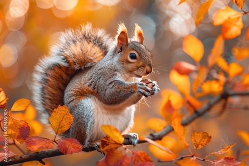 A bushy-tailed squirrel holding an acorn, sitting on a tree branch. The background shows autumn leaves in vibrant colors 