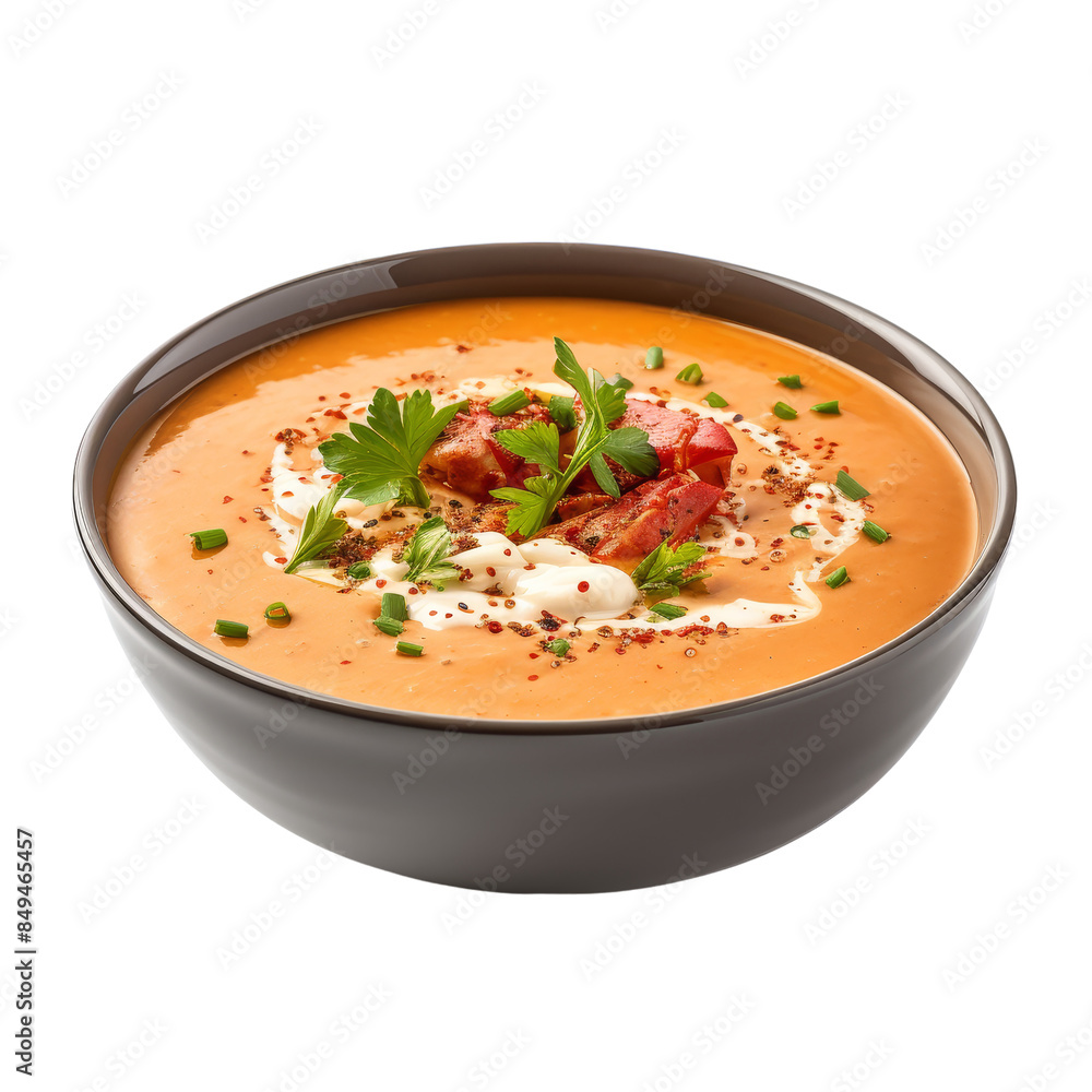 Delicious Bowl of Lobster Bisque Soup isolated on transparent background, png, cut out. Delicious Bowl of Lobster Bisque Soup isolated on transparent background, png, cut out.
