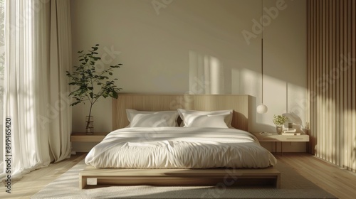 Tranquil minimalist bedroom with clean lines and neutral tones, offering a serene space for relaxation