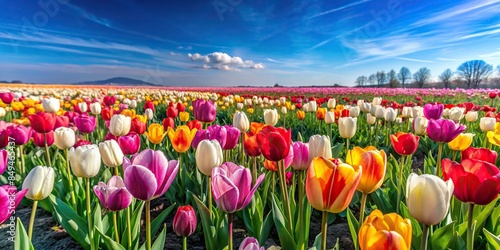 Field of vibrant tulips in various colors under clear blue sky, tulips, field, flowers, colors, vibrant, nature, bloom, beauty #849465437