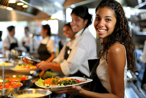 Wallpaper Mural Smiley waitresses serving food to customers in a restaurant, friendly professional staff. Suitable for hospitality, dining service, and culinary contexts. Torontodigital.ca