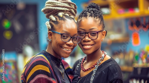 A smiling mother and her teenage daughter pose together for a family photo in a vibrant, cozy setting with an artsy background. Both wear glasses and casual, stylish clothes.