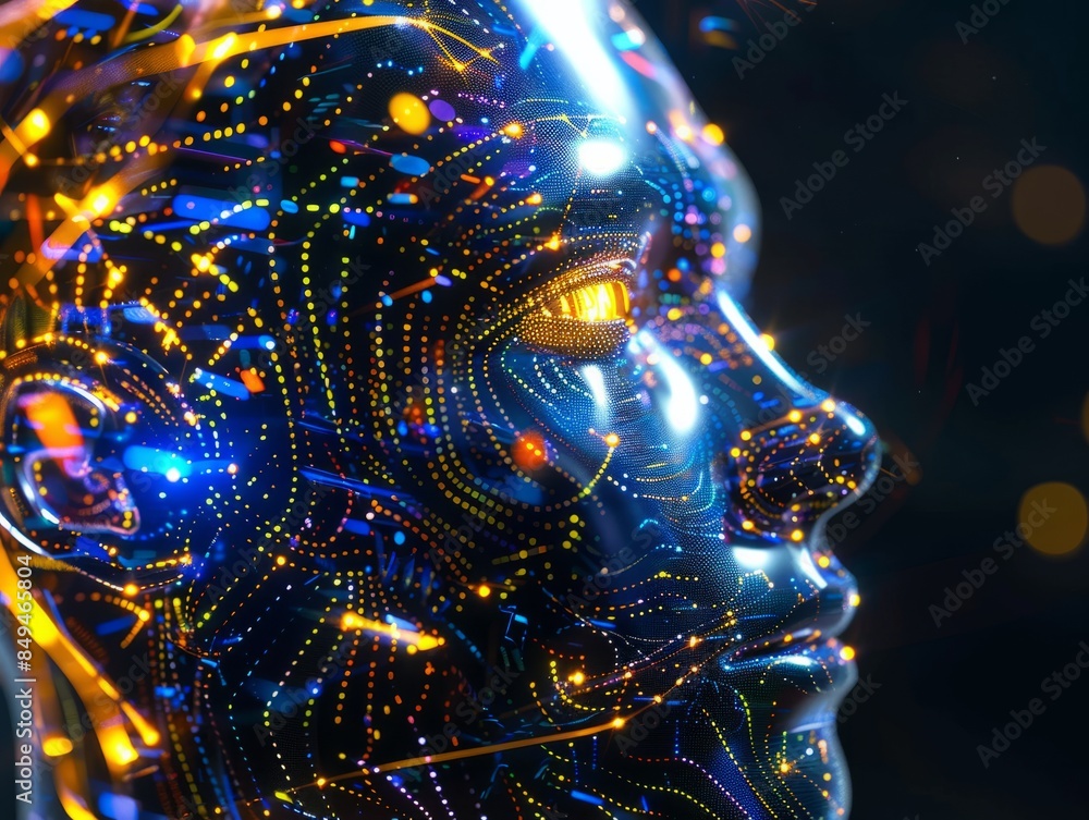 Side view of a humanoid head with blue and yellow eyes and vibrant neon neural network, representing futuristic technology and artificial intelligence. Generative AI Side view of a humanoid head with blue and yellow eyes and vibrant neon neural network, representing futuristic technology and artificial intelligence. Generative AI