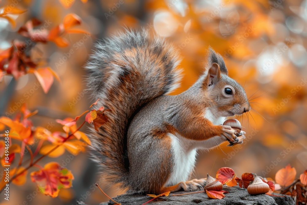 A bushy-tailed squirrel holding an acorn, sitting on a tree branch. The background shows autumn leaves in vibrant colors A bushy-tailed squirrel holding an acorn, sitting on a tree branch. The background shows autumn leaves in vibrant colors