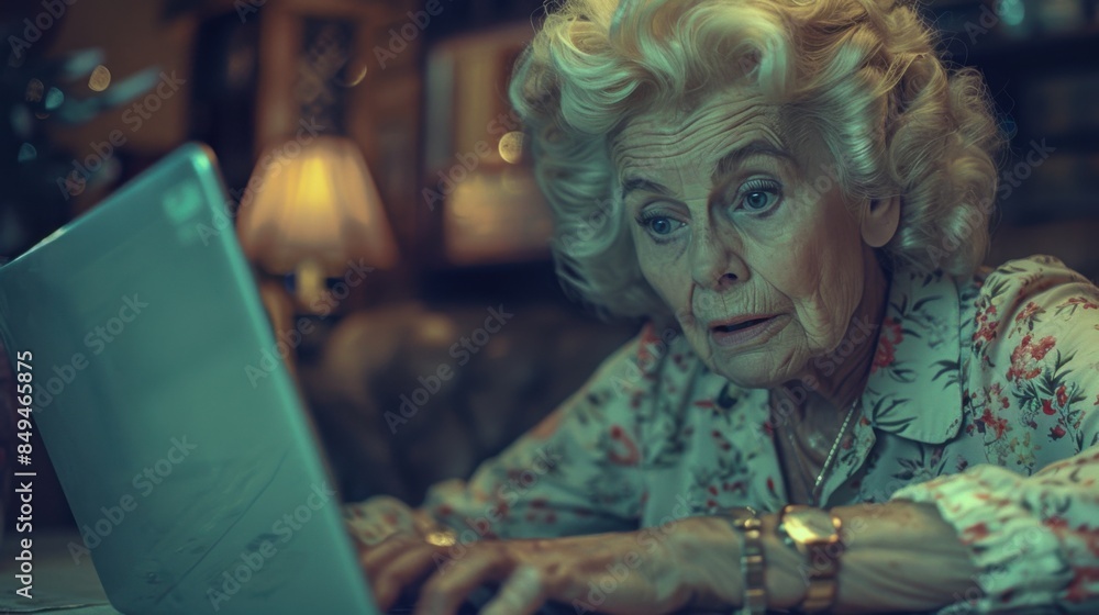 An elderly woman is using a laptop while sitting at a dining table in a warmly-lit room. An elderly woman is using a laptop while sitting at a dining table in a warmly-lit room.