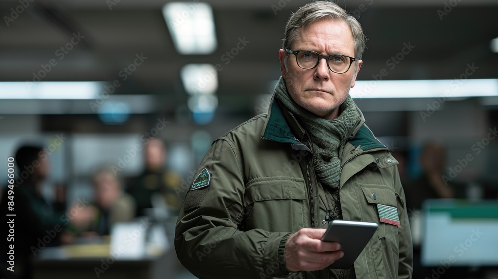 A tech-savvy professional holding a digital tablet is seen in an office environment, looking focused and thoughtful. The background includes blurred figures and office lighting. A tech-savvy professional holding a digital tablet is seen in an office environment, looking focused and thoughtful. The background includes blurred figures and office lighting.