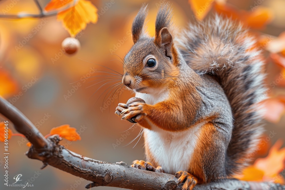 A bushy-tailed squirrel holding an acorn, sitting on a tree branch. The background shows autumn leaves in vibrant colors A bushy-tailed squirrel holding an acorn, sitting on a tree branch. The background shows autumn leaves in vibrant colors
