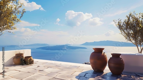 Santorini Greece House with jars and a view of the caldera : Generative AI