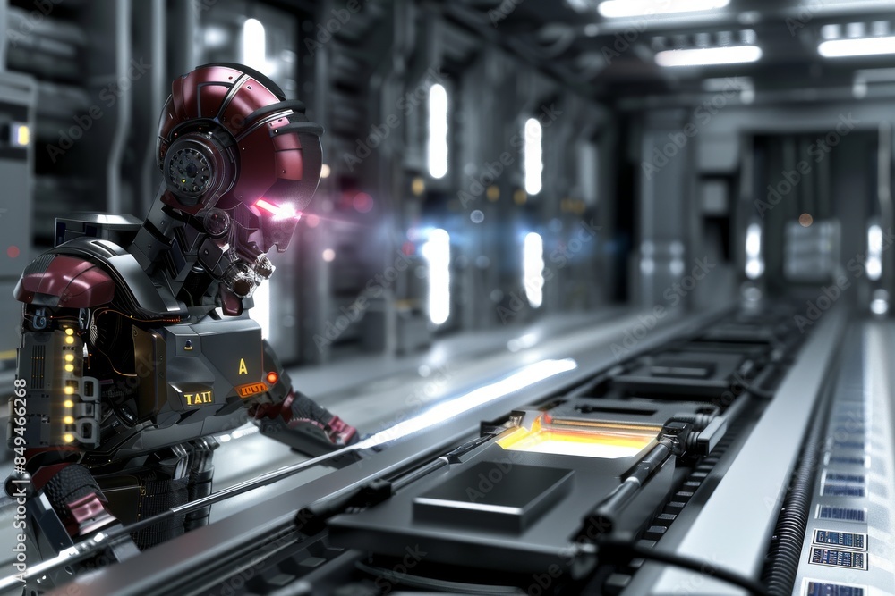 Fototapeta premium AI powered robotic arm performing tasks in high tech facility, emphasizing the integration of robotics in industry.