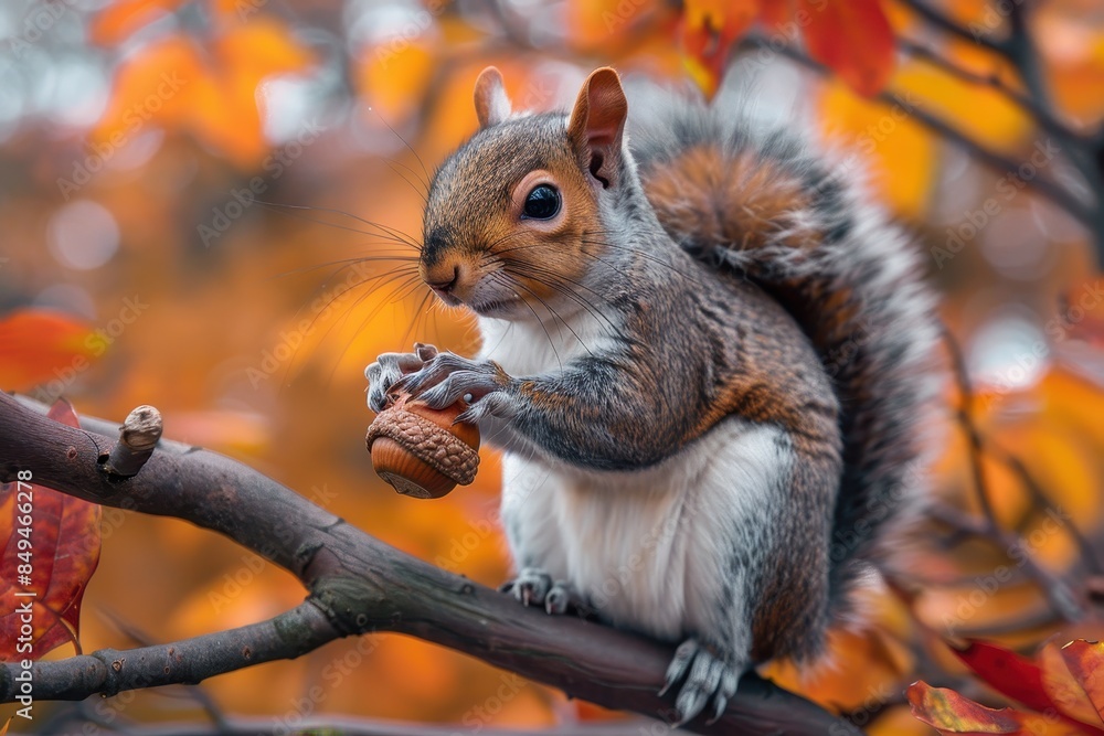 A bushy-tailed squirrel holding an acorn, sitting on a tree branch. The background shows autumn leaves in vibrant colors A bushy-tailed squirrel holding an acorn, sitting on a tree branch. The background shows autumn leaves in vibrant colors