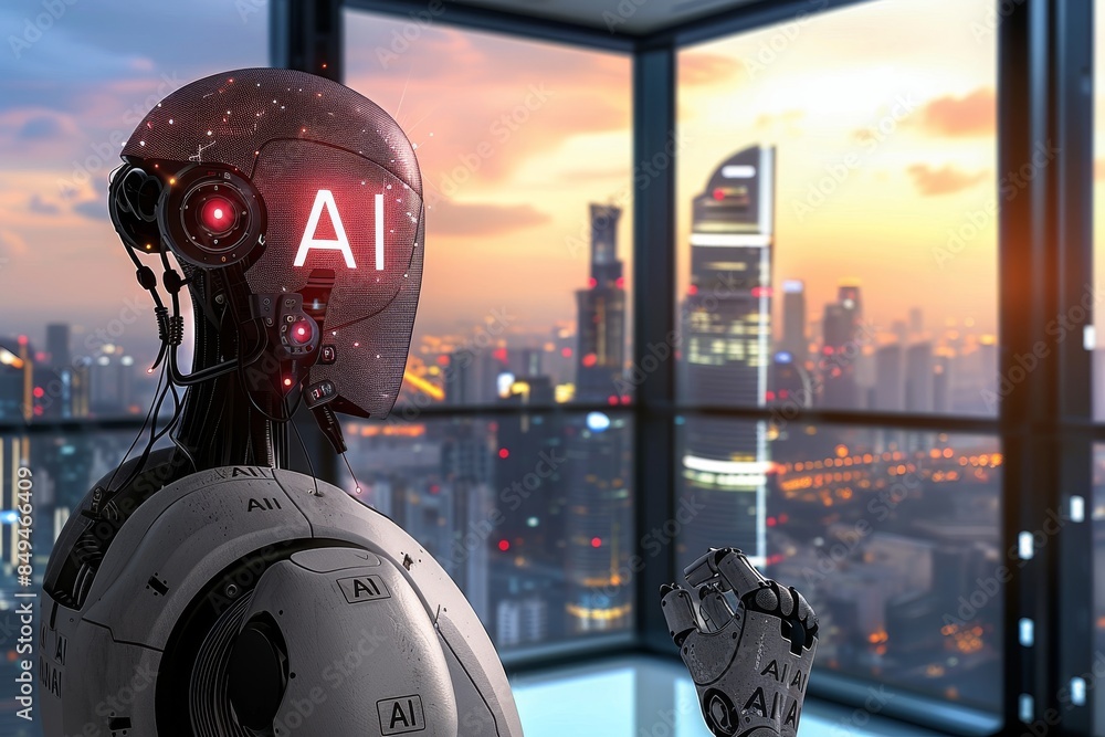 Robotic head with AI brain looking out over urban skyline, reflecting on artificial intelligences role in urban development. Robotic head with AI brain looking out over urban skyline, reflecting on artificial intelligences role in urban development.