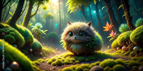 Enchanting wilderness scene featuring a photorealistic fluffy creature in vibrant 8K detail, wildlife, creature