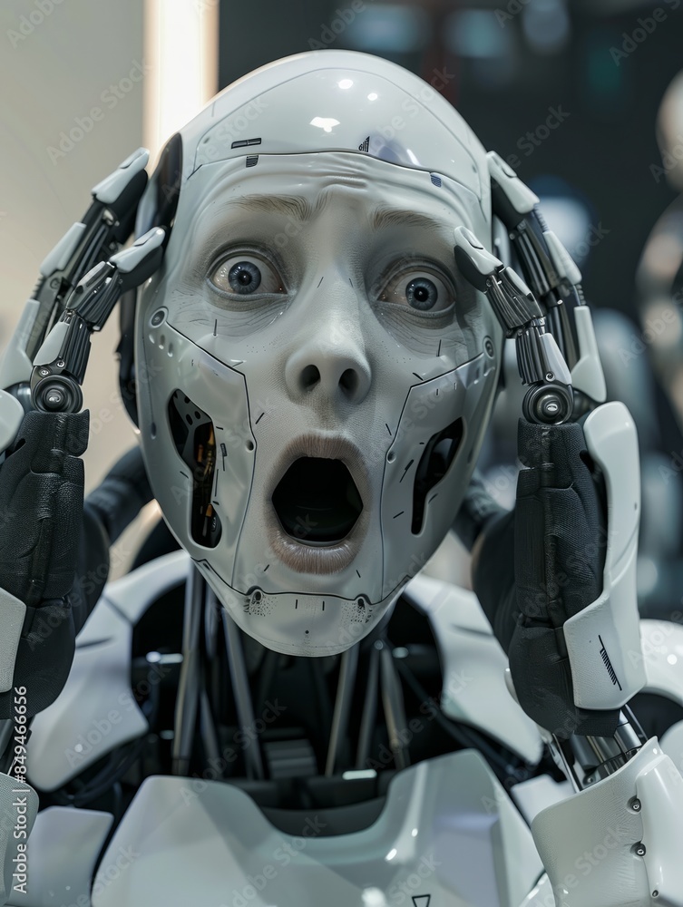 Surprised humanoid robot emotions look, hands holding his head in shock, unexpected. Surprised humanoid robot emotions look, hands holding his head in shock, unexpected.