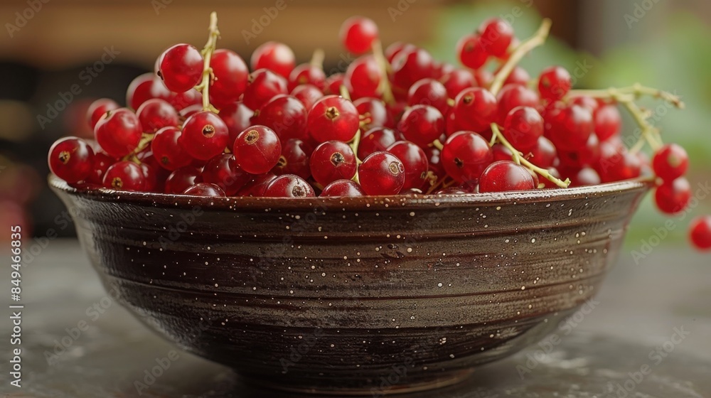 A bowl filled with vibrant red currants is placed on a dark surface, captured in a cinematic still. The image highlights the rich color and texture of the fruit. A bowl filled with vibrant red currants is placed on a dark surface, captured in a cinematic still. The image highlights the rich color and texture of the fruit.