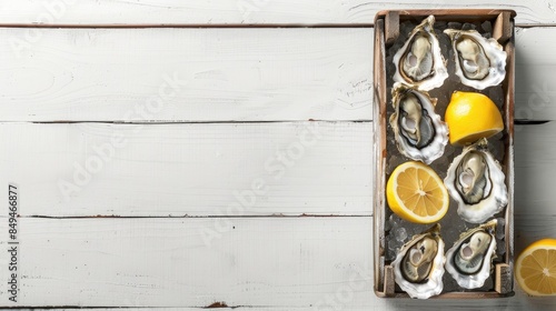 Fresh oysters served with lemon in a wooden box against a white wooden backdrop Captured from a top down perspective with ample space for text