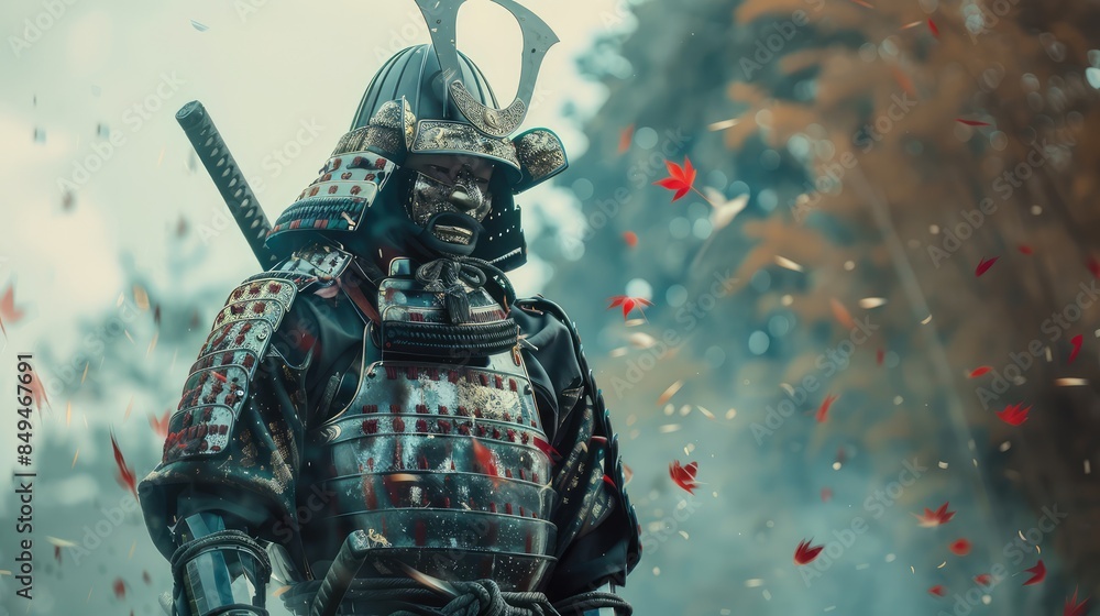 Fototapeta premium Photo of a samurai in traditional armor. AI generated.