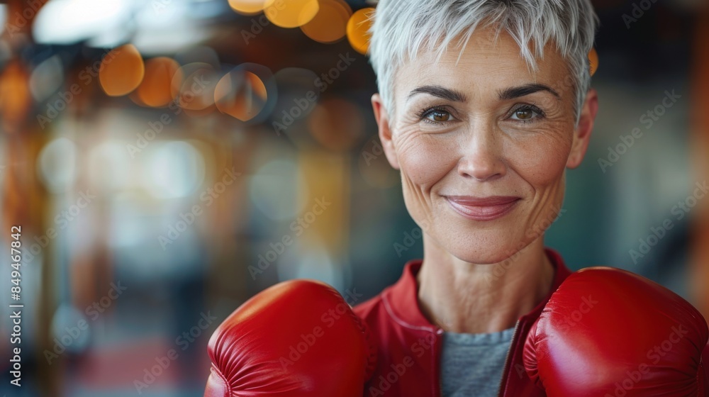 A mature woman with short grey hair is smiling while wearing red boxing gloves, standing confidently in a gym setting with warm lighting in the background. A mature woman with short grey hair is smiling while wearing red boxing gloves, standing confidently in a gym setting with warm lighting in the background.
