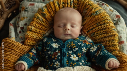 A newborn baby fast asleep, wrapped in cozy knitted blankets, wearing a colorful floral-patterned sweater. photo