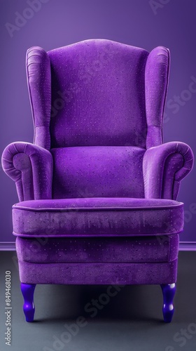 A vibrant, purple armchair is isolated against a dark purple backdrop, creating a striking and cinematic still image. photo