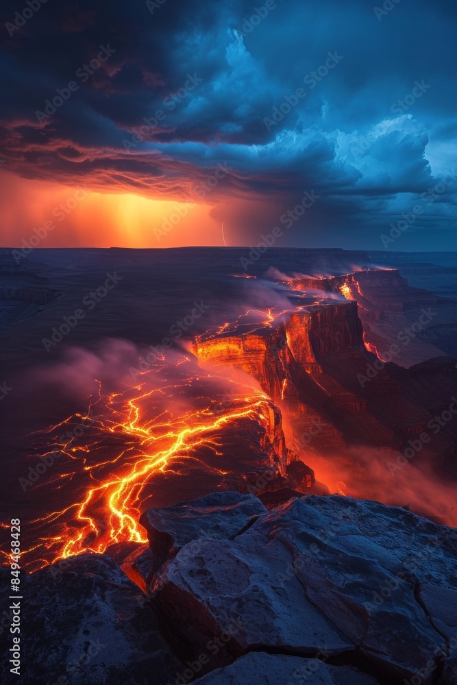 Fototapeta premium Lightning strike and heavy cloud at Grand Canyon.