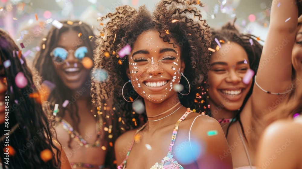 A vibrant and joyful scene featuring a group of friends laughing and having fun at a party, with colorful confetti in the air and bright, festive atmosphere. A vibrant and joyful scene featuring a group of friends laughing and having fun at a party, with colorful confetti in the air and bright, festive atmosphere.