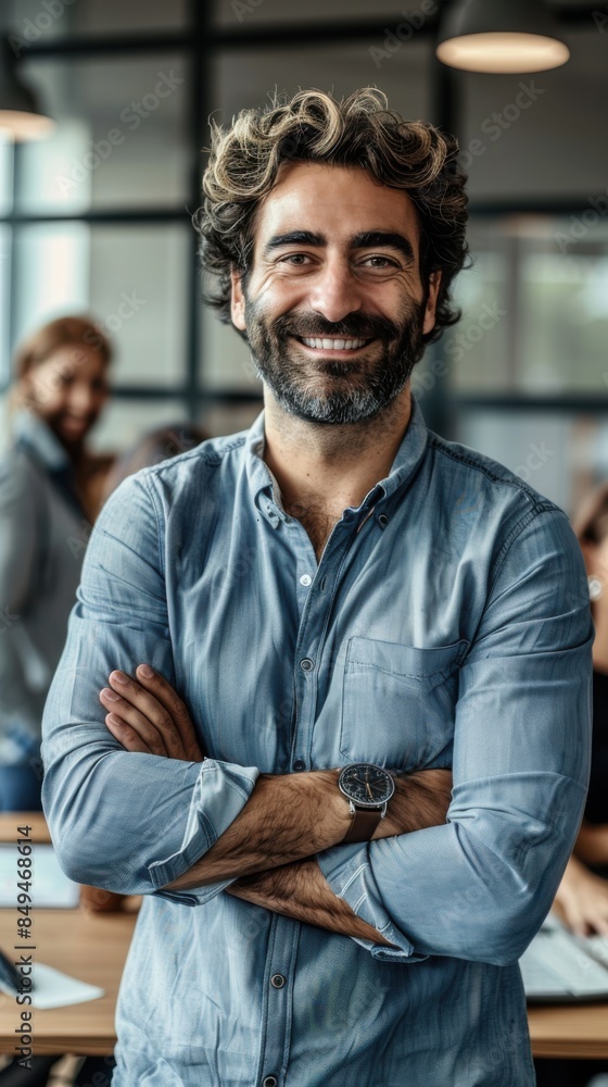 Obraz premium Smiling businessman with arms crossed, exuding confidence in a modern office setting.