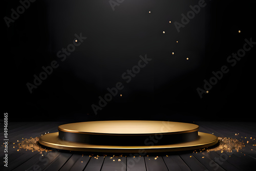 Premium Black Podium Under Spotlight with Glittering Gold Background