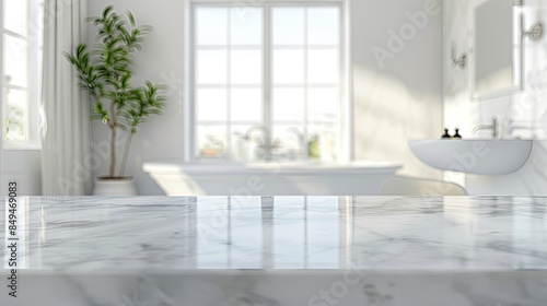 White bathroom interior. with towel on marble table with blurred bathroom interior background