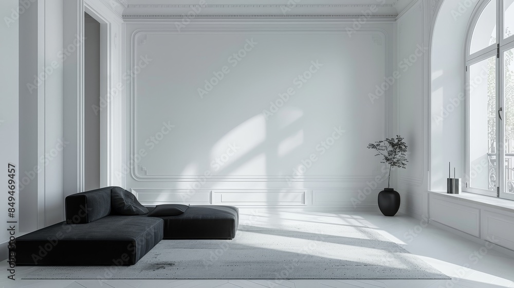 Elegant white living room, black and gray fabric sofas, pure white walls, minimalistic decor, clean design, perfect for backgrounds, modern interior Elegant white living room, black and gray fabric sofas, pure white walls, minimalistic decor, clean design, perfect for backgrounds, modern interior