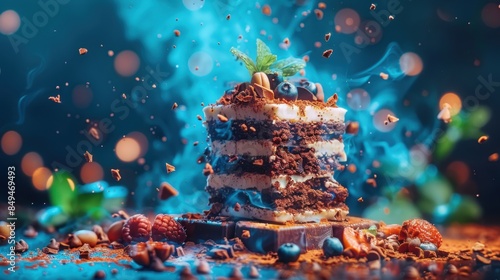 A cinematic still of a sliced, layered triple chocolate pie surrounded by flying chocolate pieces, nuts, and berries set against a vibrant, dreamy background. photo