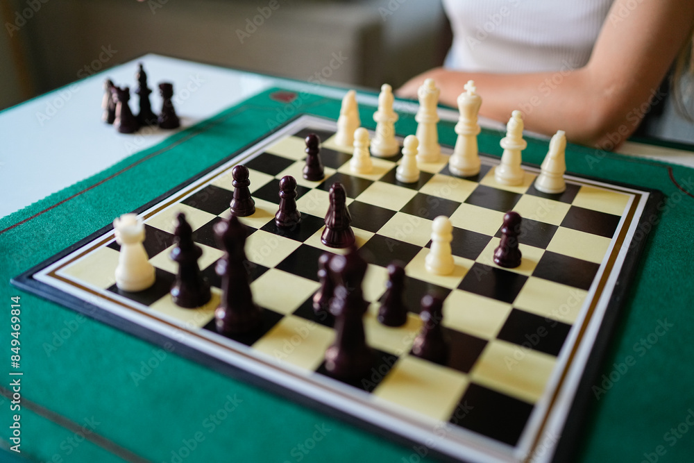 Fototapeta premium A woman is playing a game of chess with a board and pieces